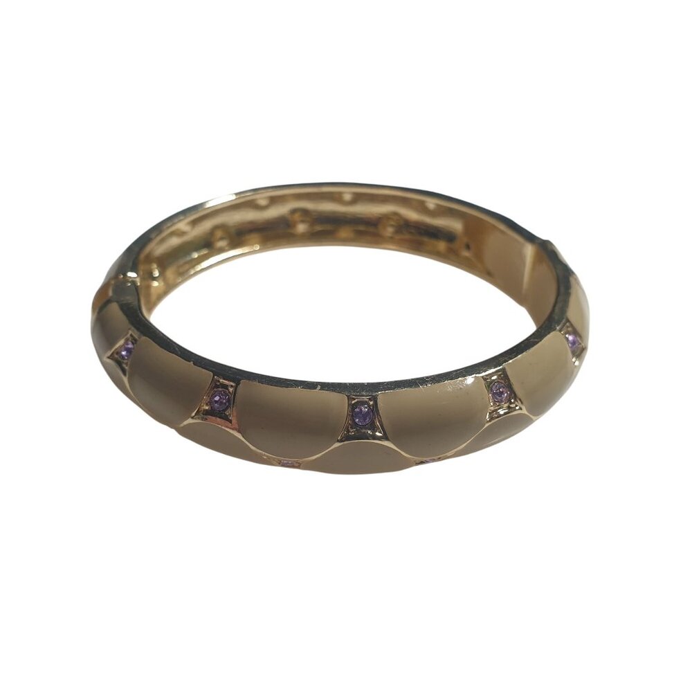 Gold Tone Hinged Bangle Bracelet Lavender Crystal Accents Vintage Fashion Gift